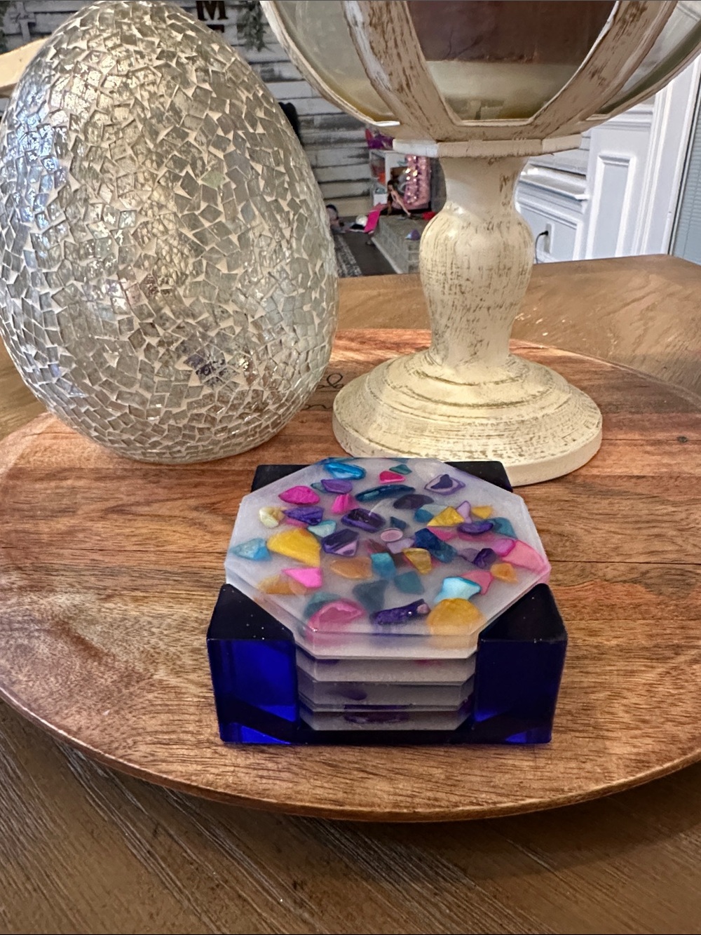 Colorful resin Mosaic Coasters with Blue Holder